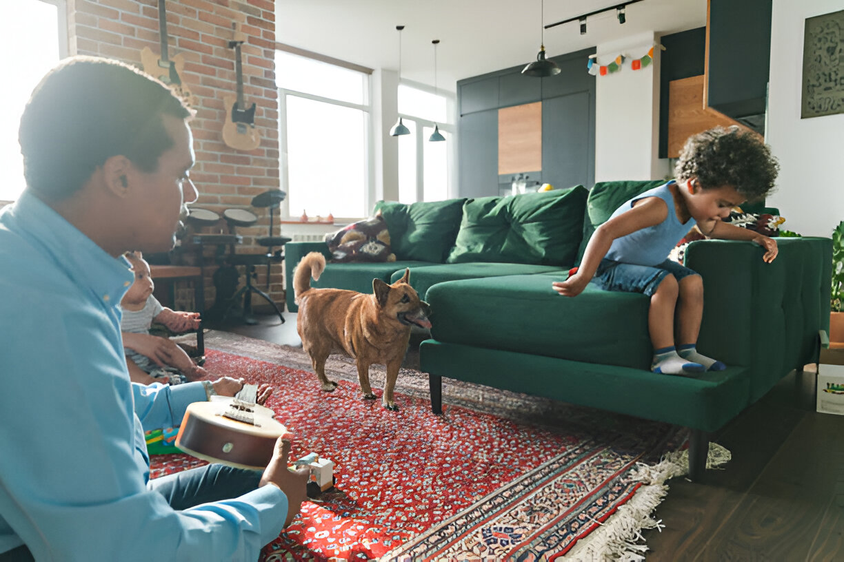 Basenji dog playing indoors with children