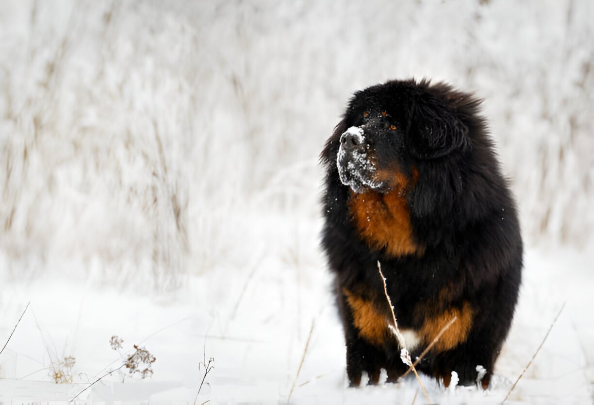 Tibetan Mastiff guarding snowy Himalayan mountain pass