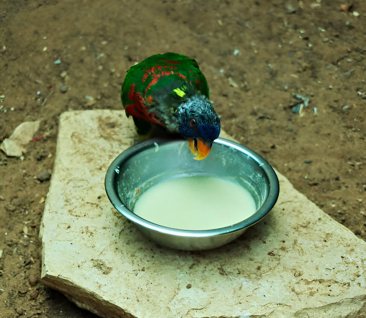 Eclectus Parrot looking at a bowl of milk and a bowl of water side by side