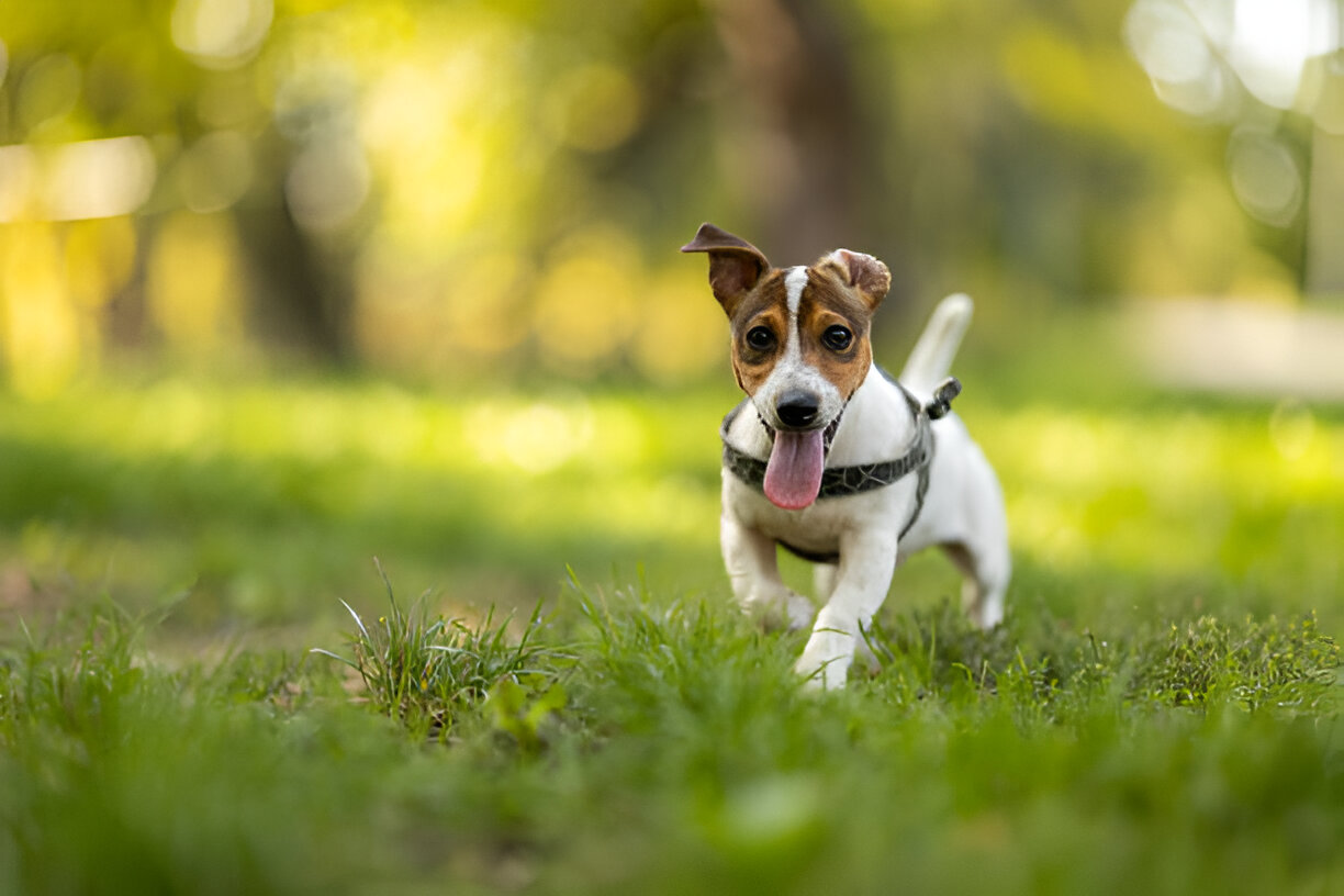 Jack Russell Terrier running in an open field 