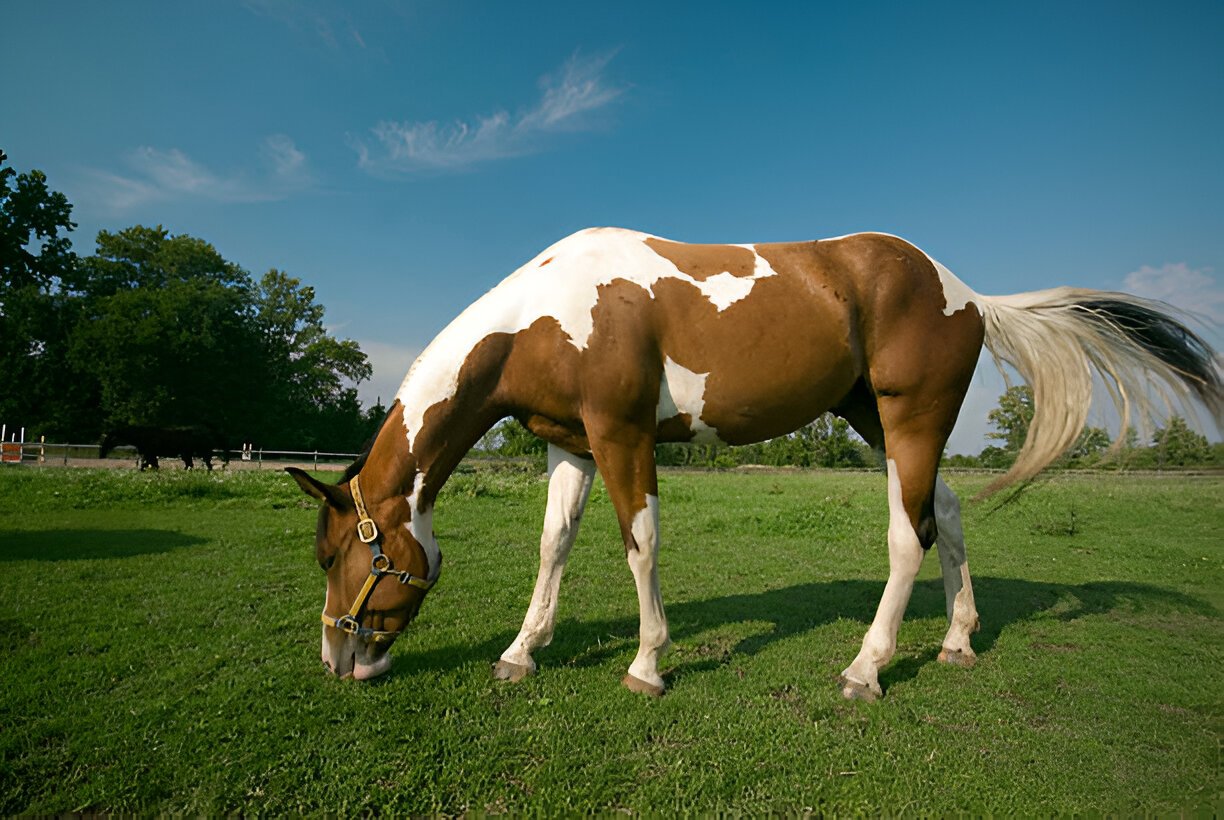 Healthy Paint Horse receiving care through regular grooming and balanced diet practices.