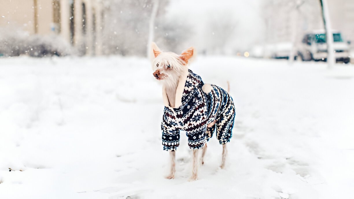 Hairless dog wearing a sweater in wintertime