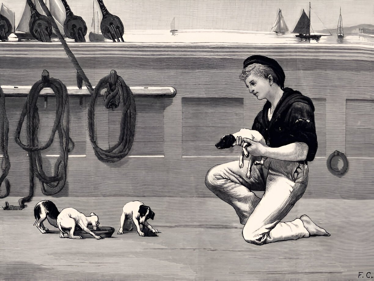  Small dog with a sailor on an old trading ship